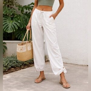 American Eagle Outfitters White Drawstring Button-Tab Ankle Pants